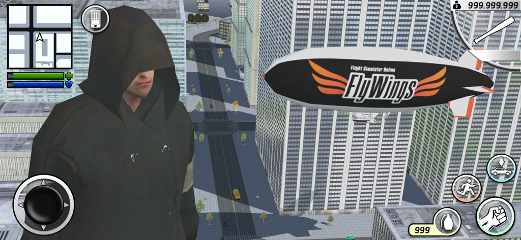 Character in a black hood overlooking a 3D city with a blimp in the sky