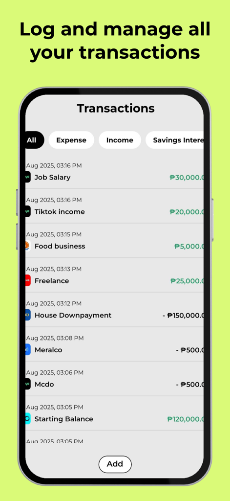 Interface mobile du suivi financier Lemoneyd montrant une liste de transactions de revenus et de dépenses