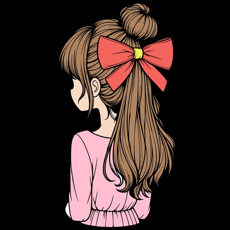 realistic girl  with hip length hair a bun and a big bow on the back of head