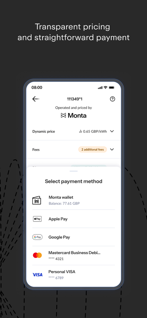 Monta Charge - Monta Charge app screen showing transparent EV charging pricing and various payment options including digital wallets and credit cards