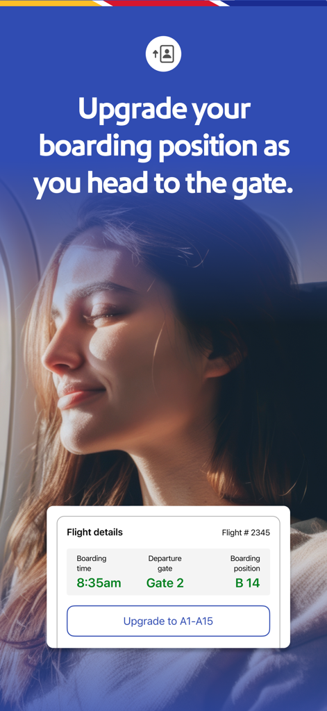 Southwest Airlinesのモバイルアプリインターフェイスに、フライト詳細と搭乗位置アップグレードオプションが表示されています。