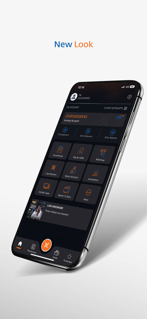 Tableau de bord de l'application bancaire mobile NMB Mkononi montrant la gestion de compte et les icônes de services financiers