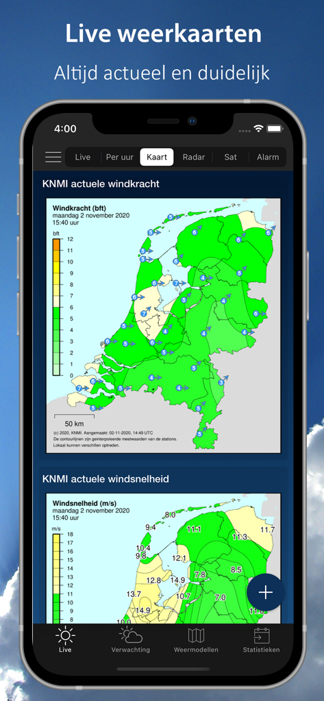 Interface do aplicativo móvel mostrando mapas de força e velocidade do vento KNMI ao vivo para a Holanda