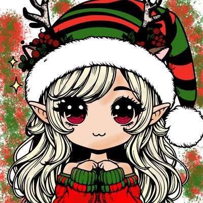 realistic cute girl elf with santa hat and reindeer horns