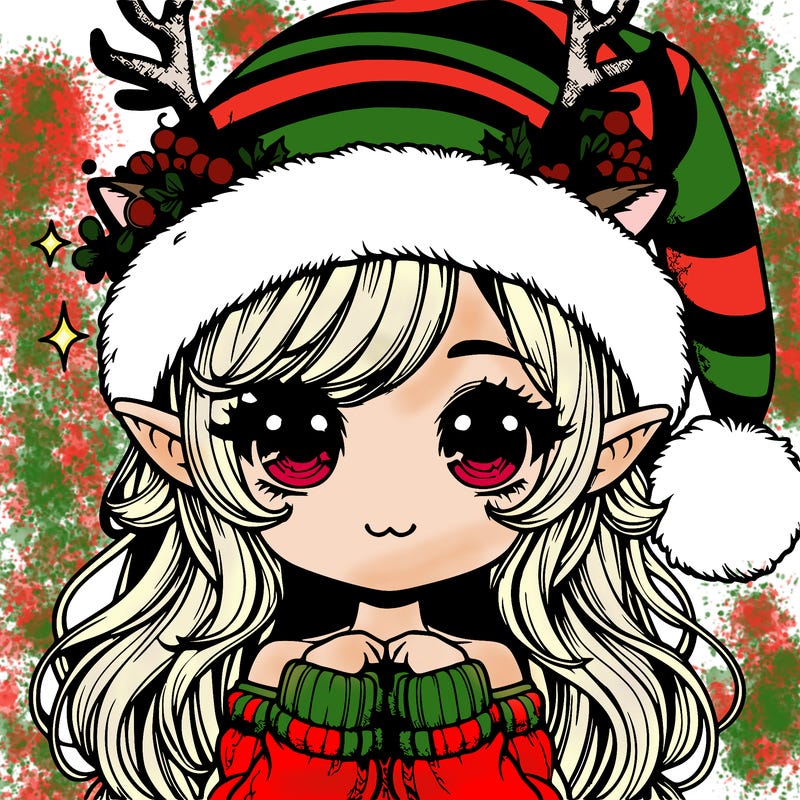 realistic cute girl elf with santa hat and reindeer horns
