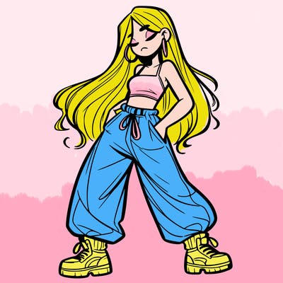 girl in baggy pants crop top and long hair