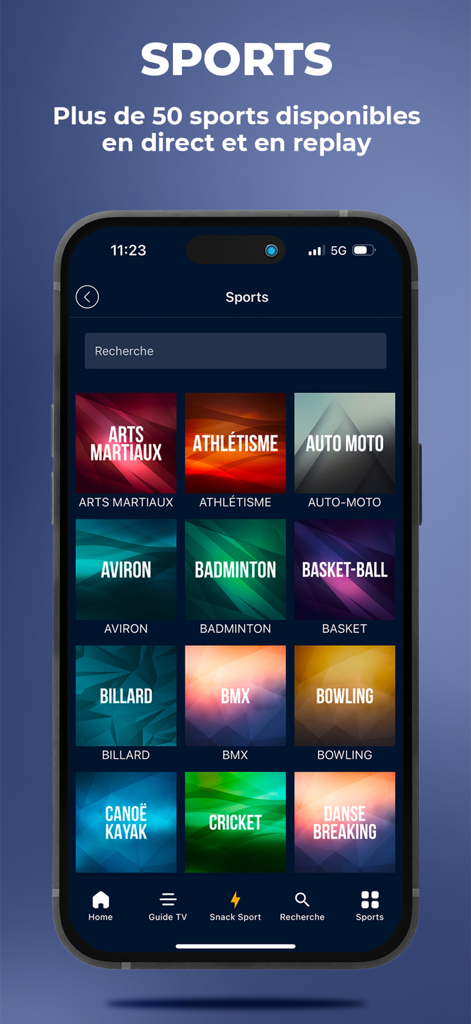 Sport en France - Sport en Franceアプリのモバイルインターフェース。格闘技やバスケットボールなどのさまざまなスポーツカテゴリのグリッドが表示されています。