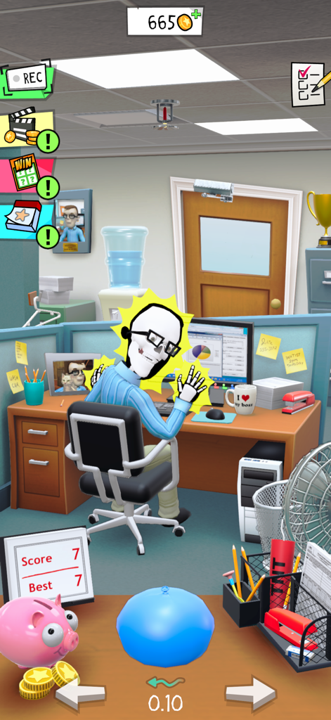 Gameplay screen of Office Jerk showing a coworker reacting to an office prank at his cubicle desk