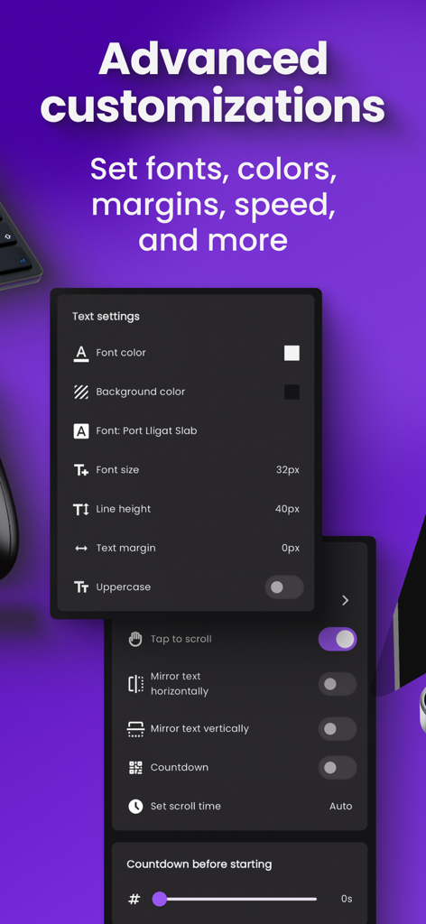 Interface mostrando configurações avançadas de texto e rolagem, incluindo cor da fonte, tamanho e opções de espelhamento para um aplicativo de teleprompter.