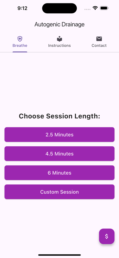 Interfaz de la aplicación Drenaje Autógeno para elegir la duración de una sesión de respiración con opciones preestablecidas y personalizadas