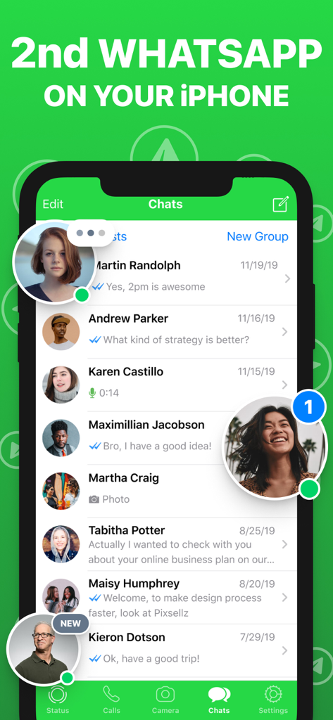 Dual Messenger For WA Account - Captura de pantalla de la interfaz de chat de la aplicación Dual Messenger en un iPhone mostrando múltiples hilos de mensajes.