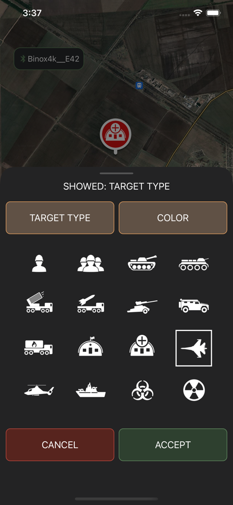Tactical Map app interface for selecting military target icons over a satellite map background