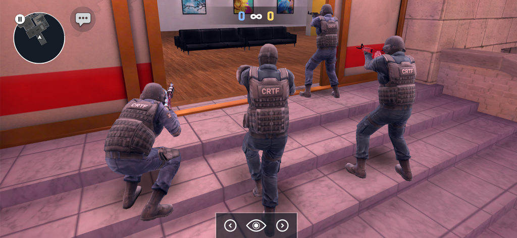 A group of four tactical operatives in blue uniforms preparing to enter a building in a competitive multiplayer match.