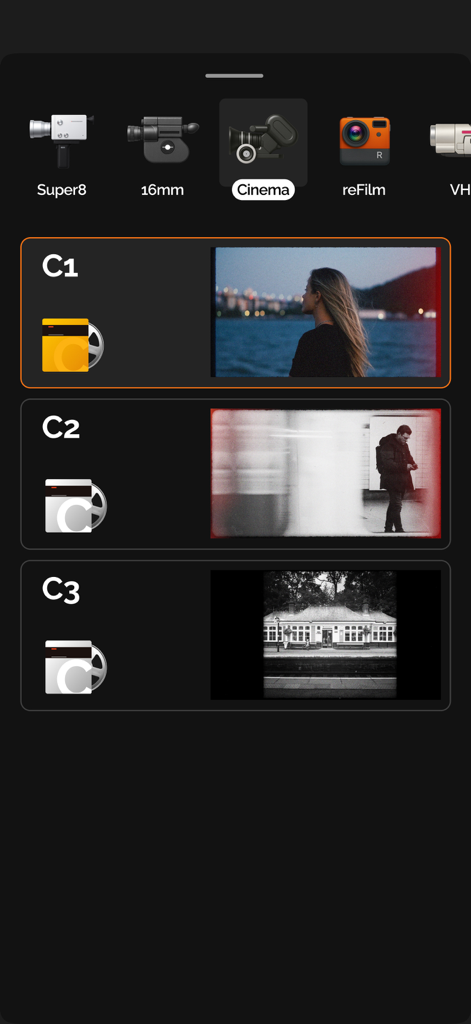 reFilm: Vintage Camera Filters - Interface of the reFilm app showing a selection of vintage cinema camera filters including C1, C2, and C3.