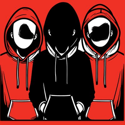 3 faceless people in  hoodies