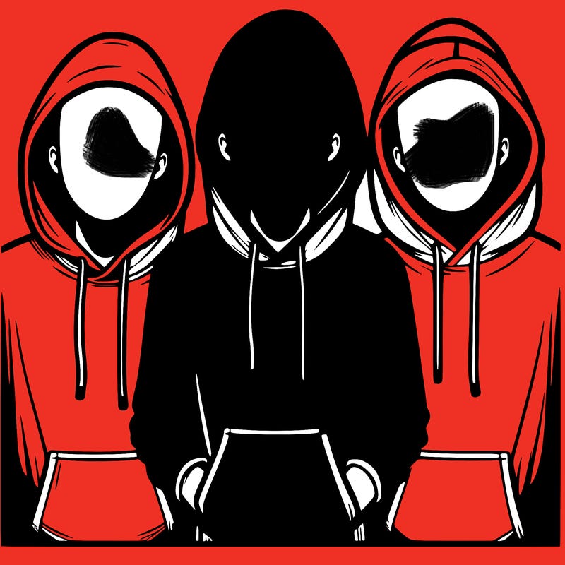 3 faceless people in  hoodies