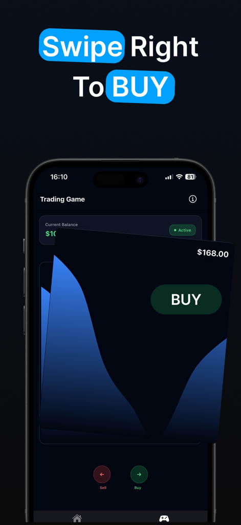 Chart AI – Trading Scanner - Interactive trading game interface in Chart AI app showing swipe right to buy feature