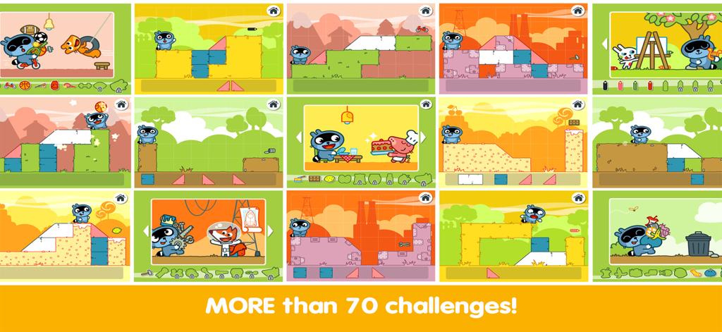 A collage showing different colorful logic puzzle levels and characters from the Pango Blocks mobile app.