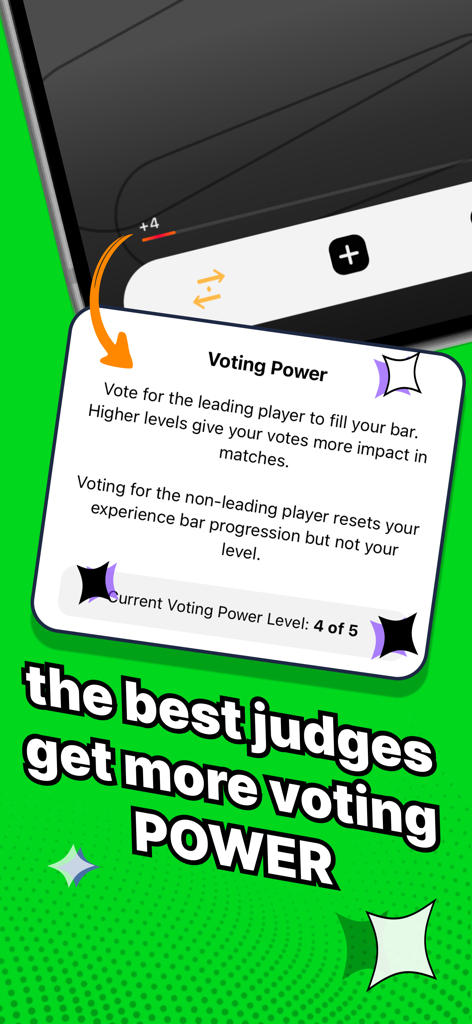 Pagent - Battle for Fame - A popup explanation of the voting power level system for judges in the Pagent app