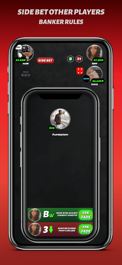 Phone Dice - Écran de jeu de dés de rue multijoueur avec options de paris secondaires et avatars de joueurs