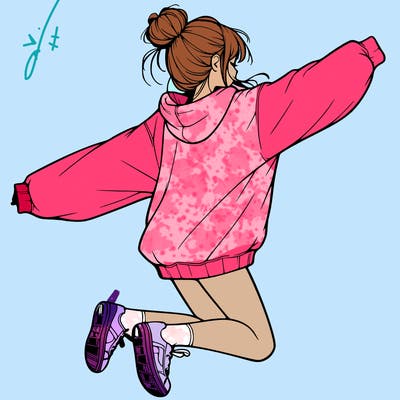 realistic girl jumping with a bun and oversized sweatshirt