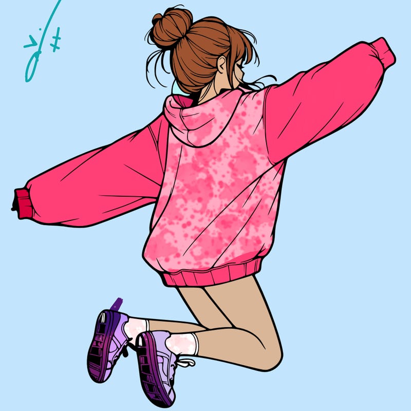 realistic girl jumping with a bun and oversized sweatshirt