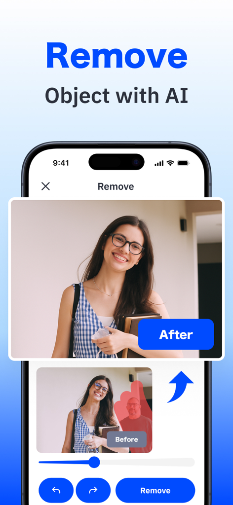 Boost Cleaner: Cleanup Storage - Boost Cleaner app interface demonstrating the AI feature to remove unwanted objects and people from photos with a before and after comparison