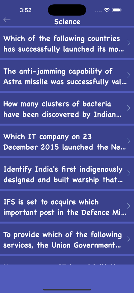 World General Knowledge - GK - Captura de pantalla de la categoría de Ciencia en la aplicación World General Knowledge mostrando una lista de preguntas de trivia.