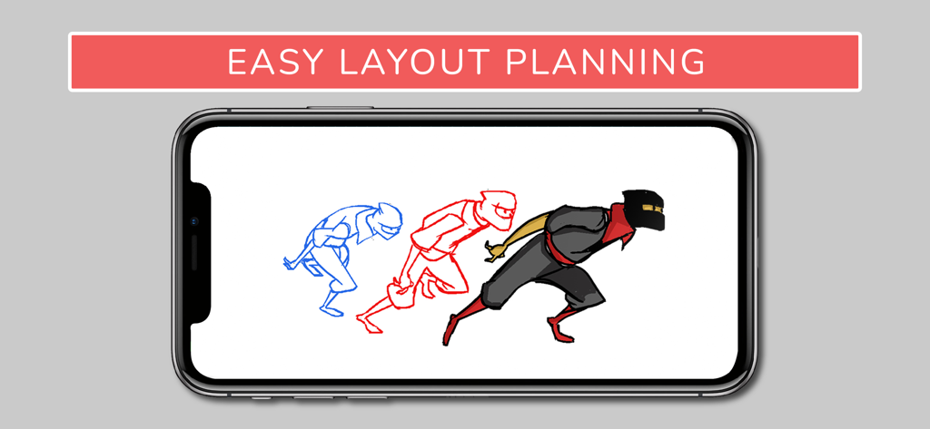 Animation Sketch Pro - A smartphone screen showing character layout planning for a hand drawn animation of a ninja
