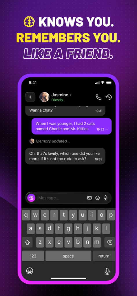 FutureMatch: AI Friend Chat - Interfaz de chat de IA de FutureMatch que demuestra la función de memoria donde el compañero de IA recuerda detalles personales como nombres de mascotas.