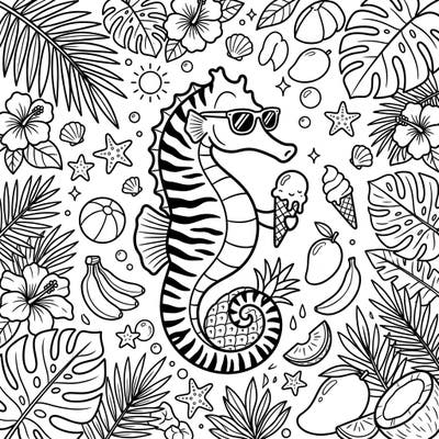 Enjoy a vibrant summer vacation coloring page featuring a cool Tiger Tail Seahorse. This detailed illustration is packed with tropical elements, perfect for a relaxing and creative activity.