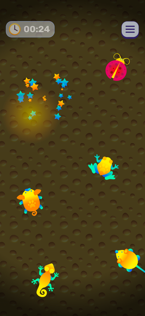 Peppy Cat: Game For Cats - 猫が捕まえるためのカラフルなおもちゃと動物が表示されているPeppy Catのゲームプレイインターフェイス