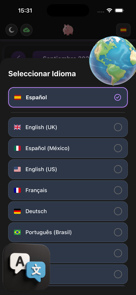 Interfaz de selección de idioma de la aplicación Hero Budget con banderas de inglés, español, francés y alemán