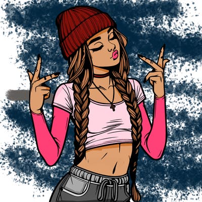 realistic teenage girl with braids and a beanie and crop top doing 🫶🏼
