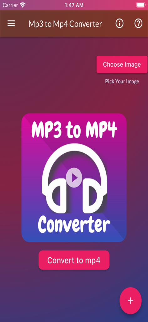 Mp3 to Mp4 Converter - Mp3 to Mp4 Converterアプリのメインインターフェース。変換と画像選択のオプションが表示されています。