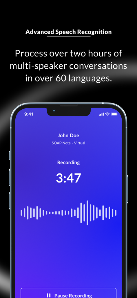 Commure Ambient ScribeMobile interface displaying a medical recording session with advanced speech recognition for a SOAP note.