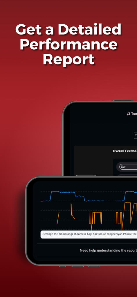 Padhanisa: Learn to Sing Songs - Performance report screen in the Padhanisa app showing pitch analysis graphs and vocal feedback
