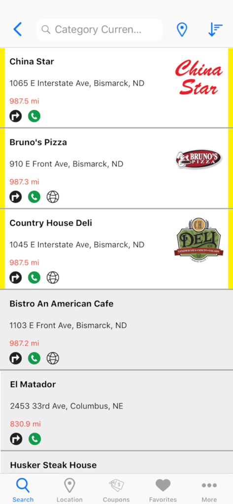 Listados de restaurantes locales en Bismarck, North Dakota dentro de la aplicación móvil SRT Minot Phone Directory