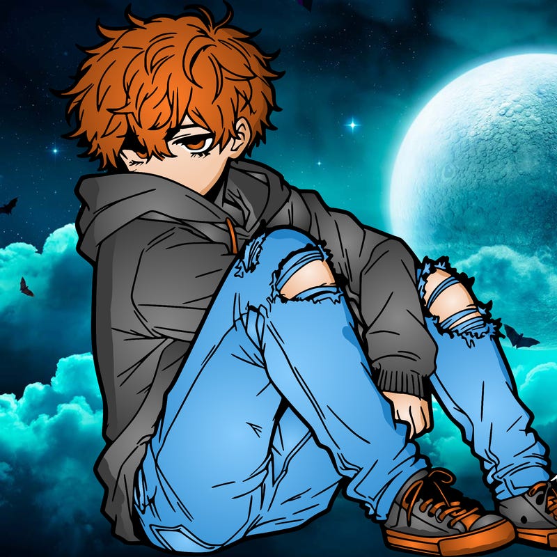 a male hoddie ripped jeans messy hair anime