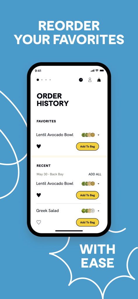 CAVA | Order Online - CAVA app order history screen for reordering favorite meals.