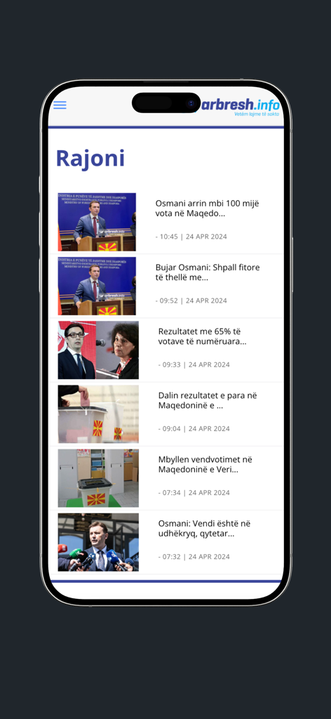 Arbresh.info - Arbresh.info app interface showing regional news articles in Albanian on an iPhone.