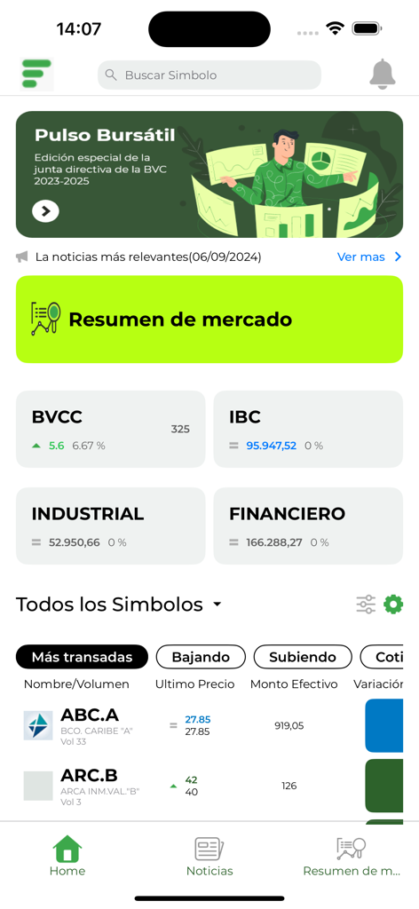 BVC Móvil - Pantalla de inicio de la aplicación BVC Movil con un resumen del mercado de la Bolsa de Caracas