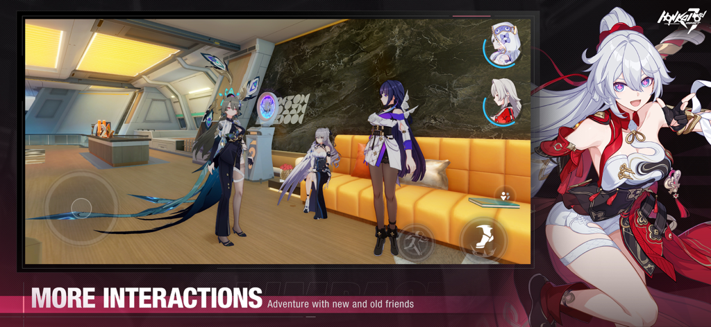 Honkai Impact 3rd - A group of anime-style characters interacting in a modern indoor lounge from the game Honkai Impact 3rd.