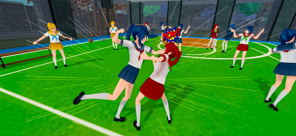 Anime High School Girl Game - Two anime high school girls fighting on a sports court with a pow effect bubble
