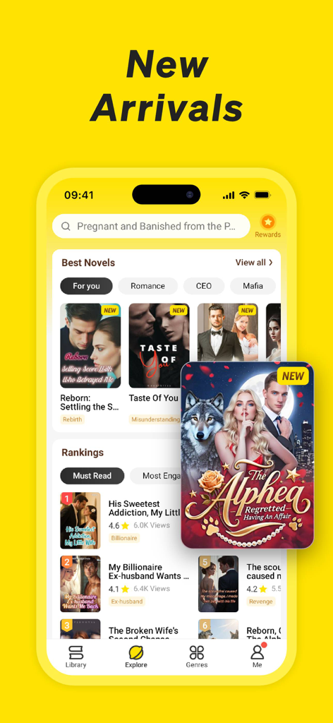 NovelUP-App-Oberfläche zeigt Neuankömmlinge und angesagte Webnovels in den Genres Romanze und CEO