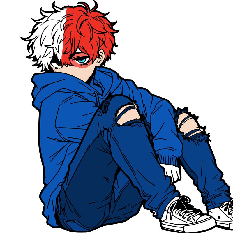 a male hoddie ripped jeans messy hair anime
