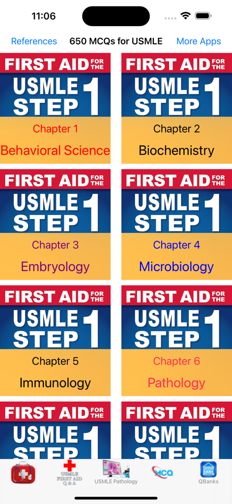 USMLE STEP 1 QUESTION BANK - USMLE Step 1 app interface showing a grid of study chapters like Behavioral Science Biochemistry and Microbiology