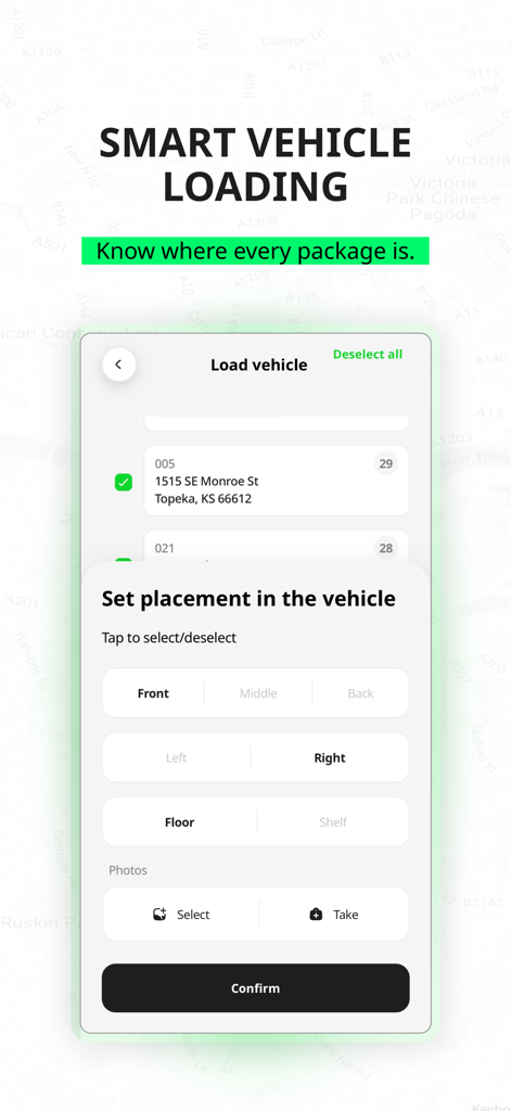 Geo2 Delivery Route Planner - Interface of the Geo2 app showing the smart vehicle loading feature to track package placement.