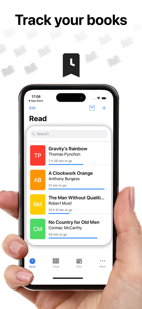 Leio - A person holding a smartphone showing the Leio app interface with a list of books being tracked and their reading progress.