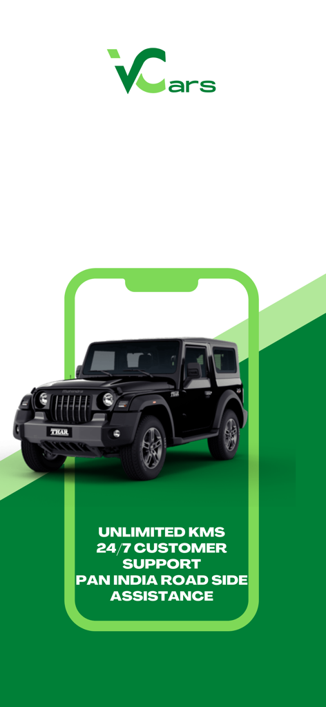 VCars - Self Drive Car Rentals - Interfaz de la aplicación VCars que muestra un SUV Mahindra Thar y características de alquiler de auto-conducción como kilómetros ilimitados y soporte 24/7